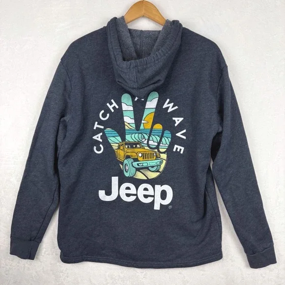 Jeep Hoodie Catch A Wave Graphic Logo Spell out Heather Navy Large - Picture 1 of 10